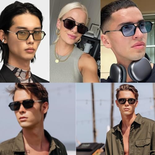 Image of Retro Flat Square 70's Aviator Double Bridge Metal Sunglasses for Men Women | Anti Blue UV Protection Zero Power Stylish Computer Night Driving Glasses | Trendy Branded Goggles
