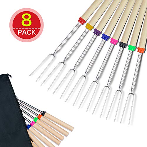 COVVY BBQ Marshmallow Roasting Stick Set of 8 Telescoping Extendable Rotating Smores Skewers & Hot Dog Fork 32-Inch Kids Camping Campfire Fire Pit Accessories, 8-Piece