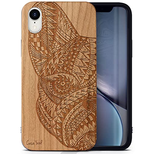 Caseyard Wood Phone Case For Iphone Xr Laser Engraved Pug Face Design Cherry Wood Compatible Iphone Case Protective Shockproof Slim Fit Cell Phone Cover For Men & Women #TOP12