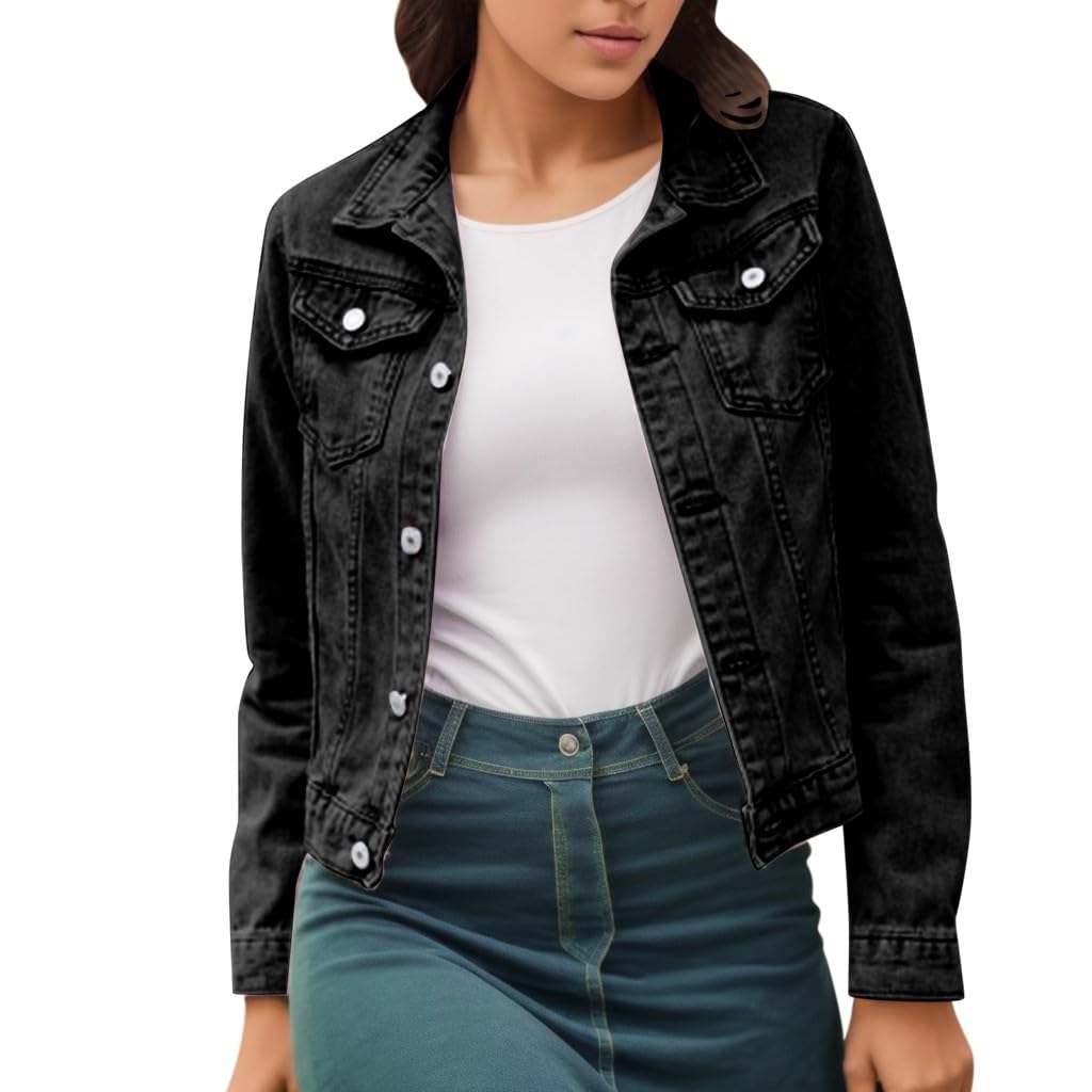 Veste en jean basique en coton denim uni avec poches à boutons pour femme