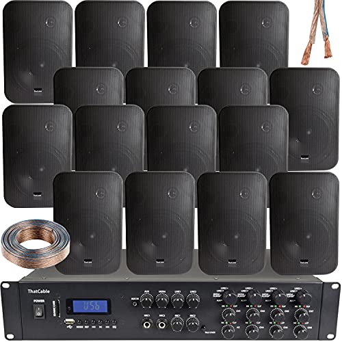 Loops 1600W Multi Zone Bluetooth Sound System | 8 Channel HiFi Matrix Amplifier Amp Kit | 16x 200W Black Wall Mount Speakers | Powerful Loud Wireless Music Streaming | Bar Restaurant