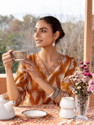 Image of FIORRA Women's Mustard Cotton Printed Straight-Cut Kurta Set