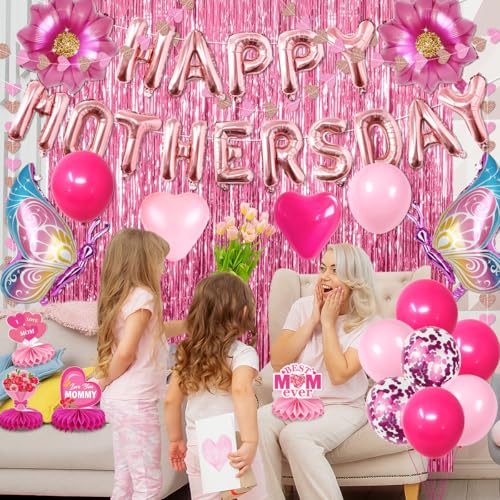 Image of Mothers Day Decorations,63PCS Happy Mothers Day Balloons and Flower Heart Balloons,Fringe Curtains,Best Mom Ever Honeycomb Centerpieces for Girls Women Mom Party Supplies Celebrating Ladies Decor