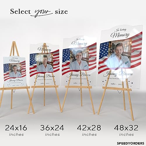 Image of Personalized in Loving Memory Funeral Sign with Photo - USA Patriotic Memorial Signs - Memory Sign for Funerals - Celebration of Life Decorations