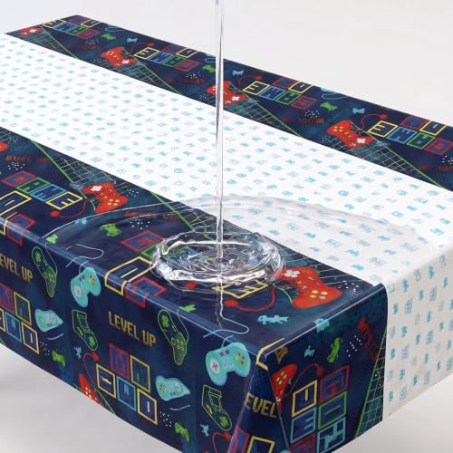 Image of Exquisite Gamer Style Table Cover 6 Pack 54 in. x 108 in. Rectangle Plastic Tablecloth Disposable Table Covers for Video Game Level Up Controller Pixel Boys Birthday Party Supplies Decorations