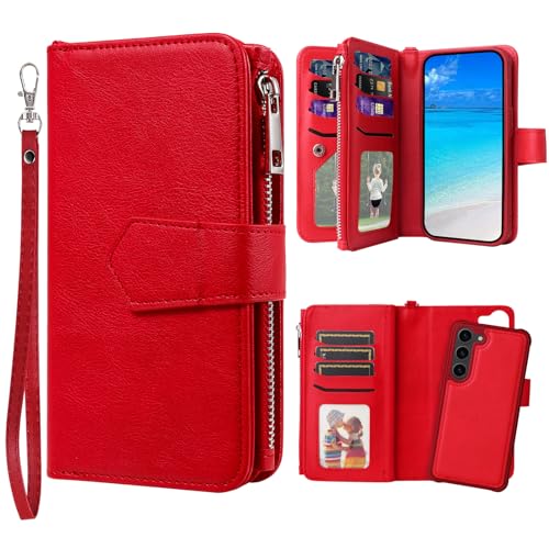 JZASES Case for Samsung S23, 2 in 1 Magnetic Detachable Shockproof Case, Flip Folio PU Leather Cover with Card Slot for Samsung Galaxy S23, Red