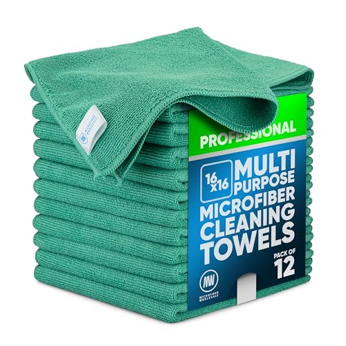 Microfiber Wholesale MW Pro 16x16 Microfiber Wash Cloths - Absorbent Kitchen Dish Rags & Counter Wipes - Heavy Duty Scrubbing Towels for Restaurants & Food Prep (Green, 12-Pack)