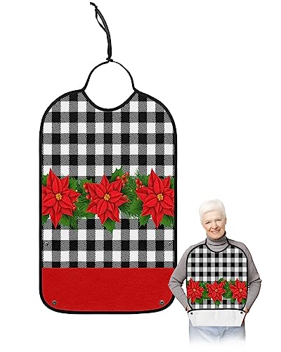 Christmas Floral Adult Bibs for Eating, Waterproof Bibs with Food Catcher & Adjustable Snap Closure, Black White Buffalo Plaid Poinsettia Washable Clothing Protectors Adult Bibs for Elderly Women/Men