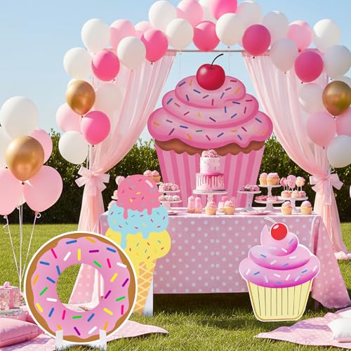Image of 3 Pcs Sweet One Birthday Party Decorations Set, Donut Ice Cream Cupcake Standee with Sturdy Bases for Candy Birthday Baby Shower Photo Booth Props Indoor Outdoor