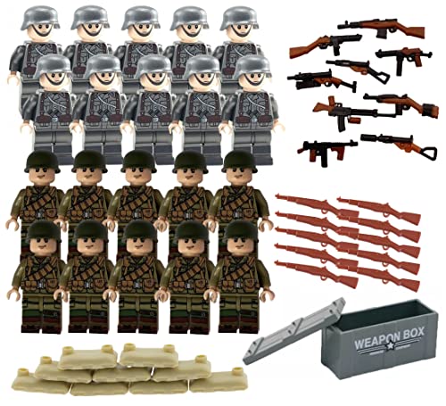 WW2 Toy Soldier Figures American vs German Army Battle Playset (52 pcs) - WWII Building Block Toy Military Set US and German Armies, Weapons, Sand Bags, Weapon Box