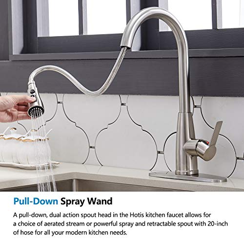 Hotis Single Handle Stainless Steel Prep Sprayer Pull Out Pull Down Sprayer Kitchen Sink Faucet, Brushed Nickel with Deck Plate - Thumbnail 5