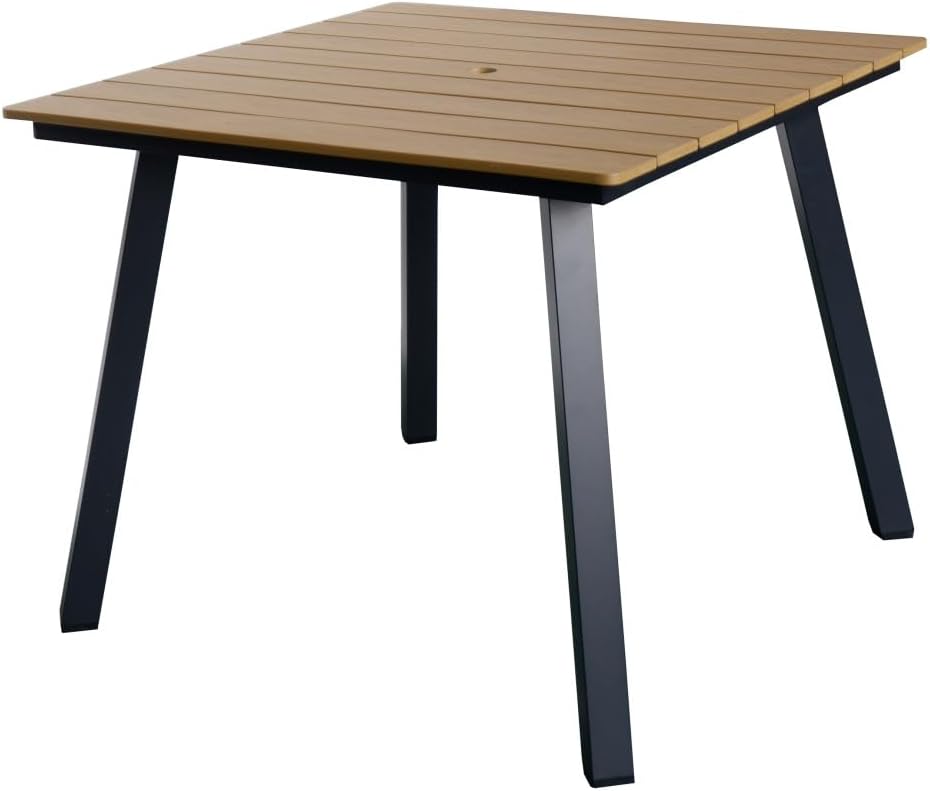 Square Patio Dining Table with Umbrella Hole, Heavy-Duty Iron Frame Wood-Plastic Composite Tabletop, All-Weather Outdoor Indoor Table for Garden, Balcony, Backyard