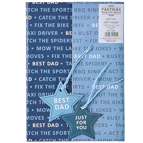 Design By Violet Light and Dark Blue Print Gift Wrap Paper For Fathers Day Dad Birthday Occasions Presents - 2 Sheets & 2 Gift Tags - Best Dad Just For You Father - 50cm x 70cm