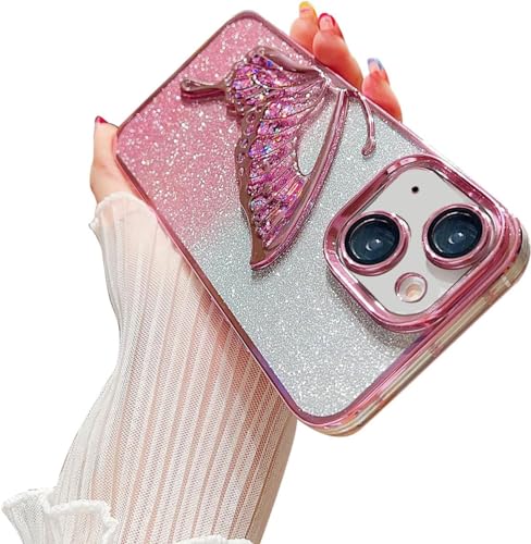 Image of mobistyle Designed for iPhone 14 Plus Cover with Glitter Cute Butterfly Electroplating Design Back Cover Case for Women Teen Girls (Pink)