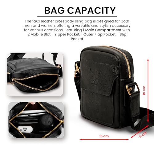 Image of REDHORNS Faux Leather Small Cross Body Sling Bag for Men & Women, 3 Zipper Pockets, Business Messenger Shoulder Bag for Travel, Outdoor, Office - 15X19X5 CM