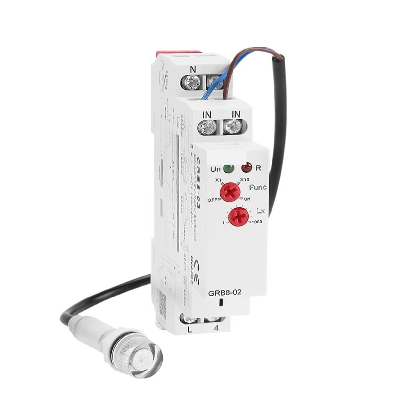GRB8-01/02 Interruptor crepuscular de riel DIN, temporizador, sensor de luz, relé, CA 110 V-240 V, encendido y apagado automático(GRB8-02 AC110-240V)