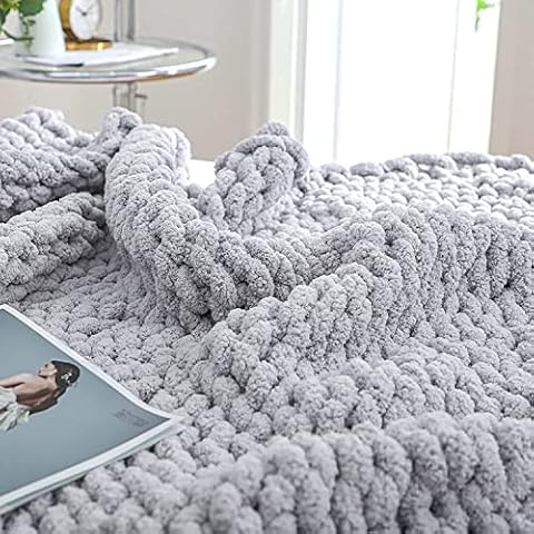 Bigacogo Chunky Knit Blanket Throw 51"x63", 100% Hand Knitted Chenille Throw Blanket, Big Soft Thick Yarn Cable Knit Blanket, Large Rope Knot Crochet Throw Blankets for Couch Bed Sofa (Light Grey) Cover
