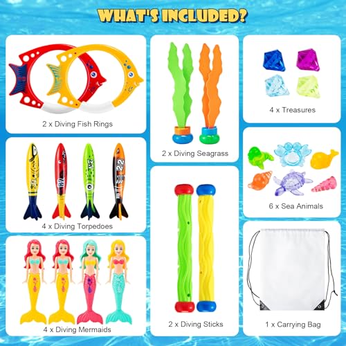 Vinitoy Tauchspielzeug-Set: 24 Stück Pool Spielzeug mit Tauchringen, Meerjungfrauen, Toypedo Banditen, Tauchstöcken, Algenspielzeug und Edelsteinen für Kinder ab 5 Jahren, inkl. Tragetasche