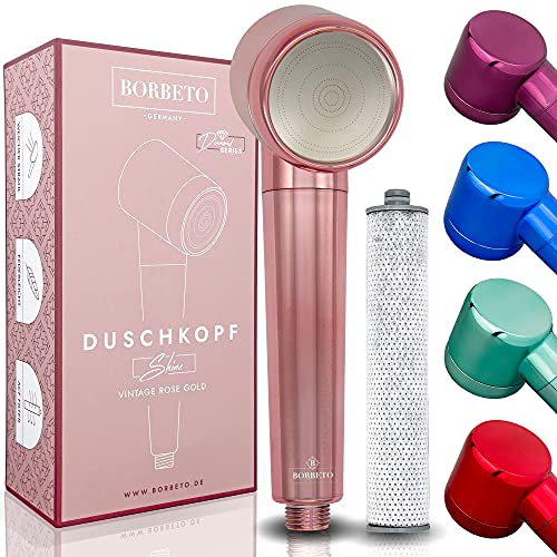 BORBETO® Duschkopf Shine VINTAGE ROSE GOLD - sanfter & reiner Wasserstrahl optimal für Haut & Haare durch Mikrodüsen & hochwertigem Wasserfilter - Wassersparende Handbrause - moderner Brausekopf Cover
