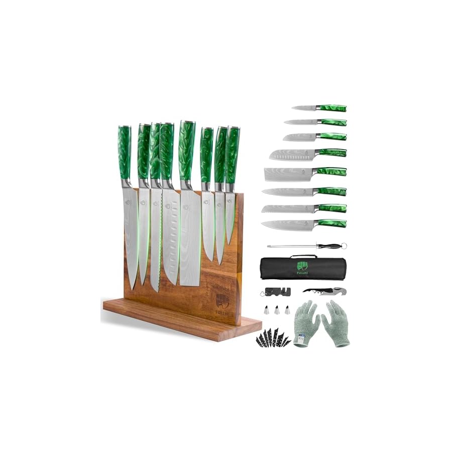 FULLHI 15pcs Japanese Knife Set with Magnetic Knife Block Holder