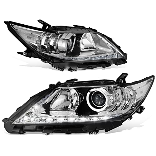 Auto Dynasty LED DRL Headlights Assembly Compatible with 2013 2014 2015 Lexus ES300H ES350, Pair of Halogen Headlamps Replacement w/LED Lighting Strip, Projector Low Beam, Chrome Housing Clear Corner
