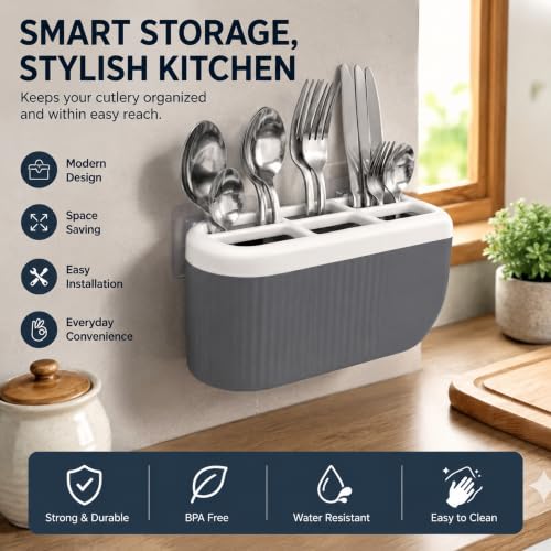 Image of Wall Mounted Cutlery Holder, 6 Section Self Draining Kitchen Organizer for Spoons, Knives, Forks, Chopsticks & Utensils, ABS Plastic Cutlery Stand for Kitchen & Dining Table, Home Storage