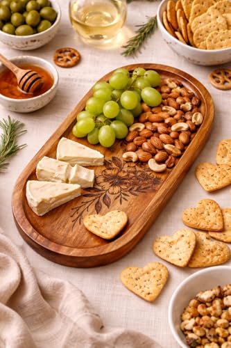 Image of Wooden Jewelry Tray, Oval Shape, L x B x H = 10 x 5 x 0.5 Inch Floral Design, Natural Wood Finish, Organizer for Rings, Necklaces, Earrings And Snacks Serving (Flower 4)