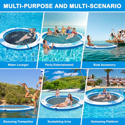Image of Inflatable Water Hammock Floating Dock 8 FT with Mesh, Tanning Pool Raft Round Ring for Adults, Float Platform for Lake and Beach with Water Ladder and Cup Holder
