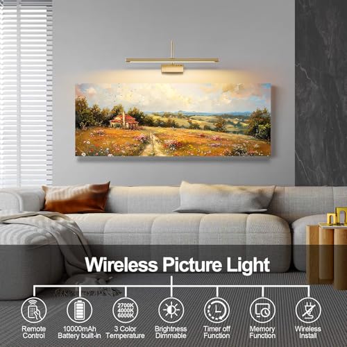 Image of Battery Operated Picture Light with Remote, 24 inch Wireless Rechargeable Art Light with Timer, Dimmable 3CCT Gallery Lighting for Paintings, Portraits, and Canvas (Brass, 23.6inch)