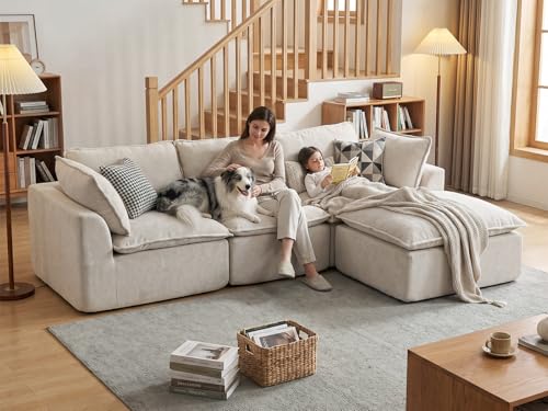 Image of COSIEST 108'' Boneless Sectional Couch, Modular Sectional Sofa with Ottoman, 4 Seater L Shaped Cloud Couch for Living Room, Beige