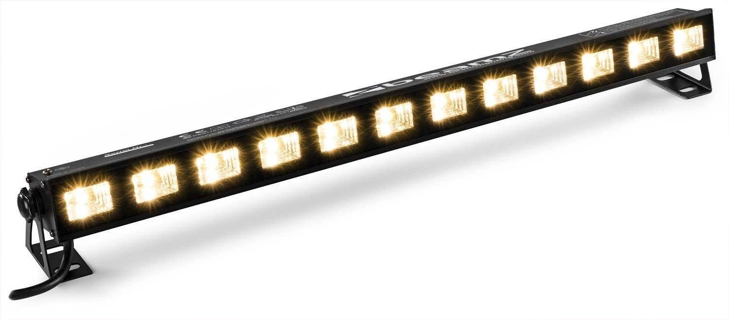 Beamz BUVW123 LED Bar - Striscia LED con Luce Nera/Bianco Caldo, 40 W, 12 x LED 2in1 da 3W UV/WW, Plug & Play, Riflettori Parabolici, Senza Ventola e Silenzioso, Nero