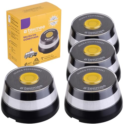 HIBRON TEKMEE Luz Emergencia V16 Homologada DGT con Geolocalización, Baliza Coche Conectada DGT 3.0, Datos Incluidos hasta 12/2038, Pack 4 Unidades