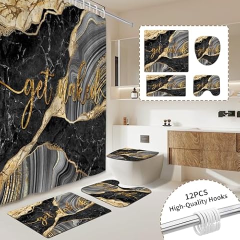 Muuyi 4Pcs Marble Shower Curtain Sets, Black Gilding Marble Bathroom Decor Sets, Modern Luxury Marble Shower Curtain, Non-Slip Bath Mat, Waterproof Fabric Shower Curtain, with 12 Hooks, 71 x 71in Cover