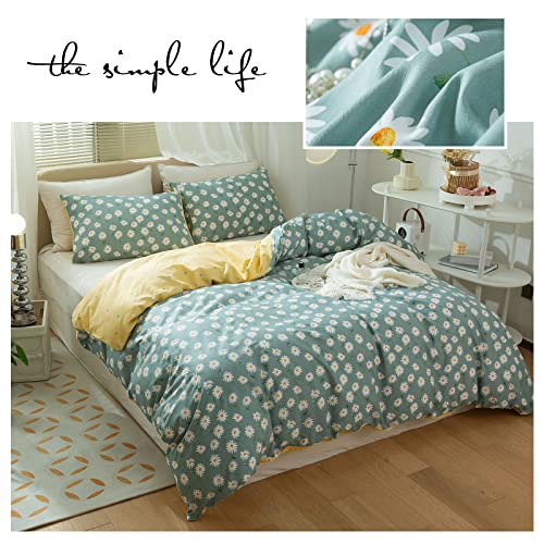 Stacypik 3 Pcs Botanical Daisy Floral Girls Bedding Duvet Cover Sets For Girls Women Kids Toddlers-100% Cotton Full/Queen Comfy Fresh White Flowers With Leaves Garden Style Comforter Cover With Zipper #TOP2
