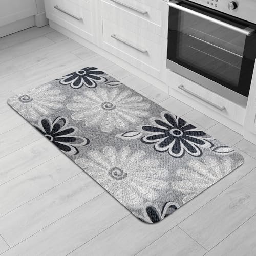 Comart - Tapis de Cuisine Malaga - Tapis 100% PVC - Anti-Taches - Antidérapant - Imperméable - Tapis Lavable en Machine - Voie Moderne pour Cuisine et Couloir - Fleurs Noires - 55 x 100 cm