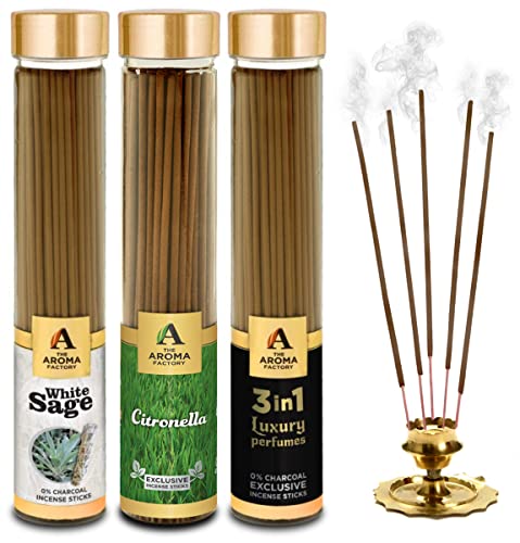 Image of The Aroma Factory White Sage,Mosquito Citronella & 3 in 1 Agarbatti for Pooja,Luxury Incense,100% Herbal Fragrance Agarbathi (Bottle Pack of 3x100g)