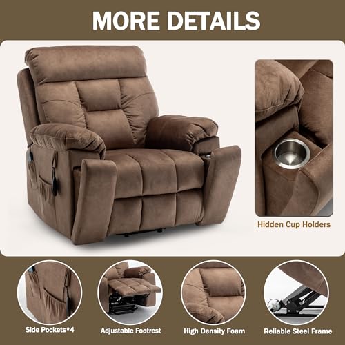 Oversized Power Lift Recliner Chair for Elderly with Massage Heat, Brown Velvet Electric Lay Flat Recliners with Cup Holders, Side Pockets, Infinite Position, Gift for Family