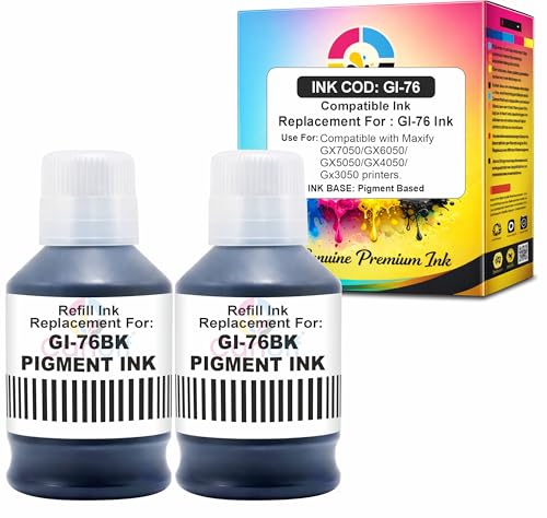 Image of CANOFF GI 76 Black Pigment Refill Ink Compatible Ink Bottle Replacement for Canon MAXIFY GX7050 GX6050 GX5050 GX4050 GX3050 Printers - Pigment Ink for Sharp Prints 2pcs 170ml