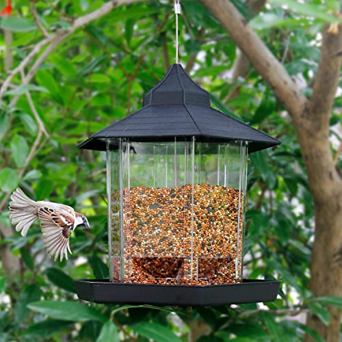 SAND MINE Panorama Bird Feeder, Hexagon Shaped with Roof Hanging Bird Feeder for Garden Yard Decoration (Black) - Thumbnail 7