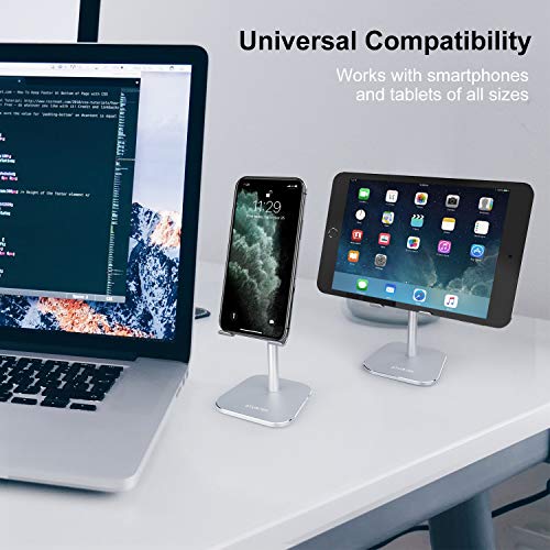 ATUMTEK Universal Cell Phone Stand, Aluminium Alloy Adjustable Phone Stand Holder for Desk Compatible with iPhone 12/11 Pro/XS Max/XR/XS/X/8/7 Plus, iPad, Samsung, Tablets and Smartphones - Silver