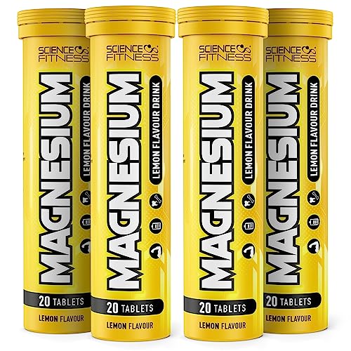 Magnesium Lemon Flavour Effervescent 80 Tablets for Normal Muscle Functions/Suitable for Vegans and Vegetarians, Mg 375 mg per Serving 4 Tubs x 20