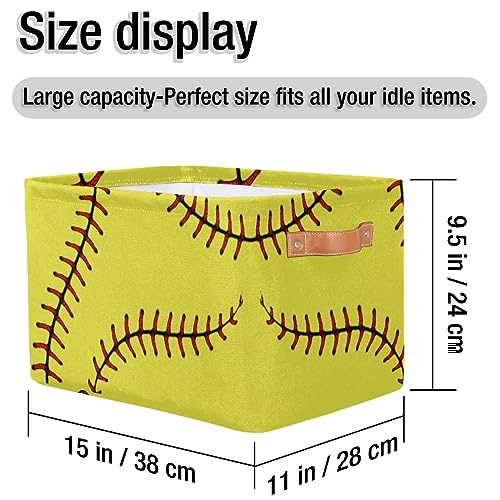 Image of AUUXVA Yellow Baseball Softball Storage Basket, Sports Theme Large Storage Bins Box with Handles, Easter Gift Baskets Ideal for Baby Kids, Room Nursery Decor, Organizing Clothes, Toys, Collapsible