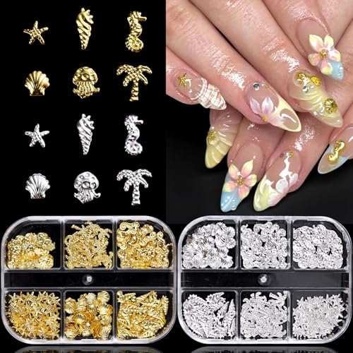 Furtherpretty 3D Beach Nail Charms Set, 2 Boxes Gold & Silver Seashell Nail Charms, Summer Ocean...