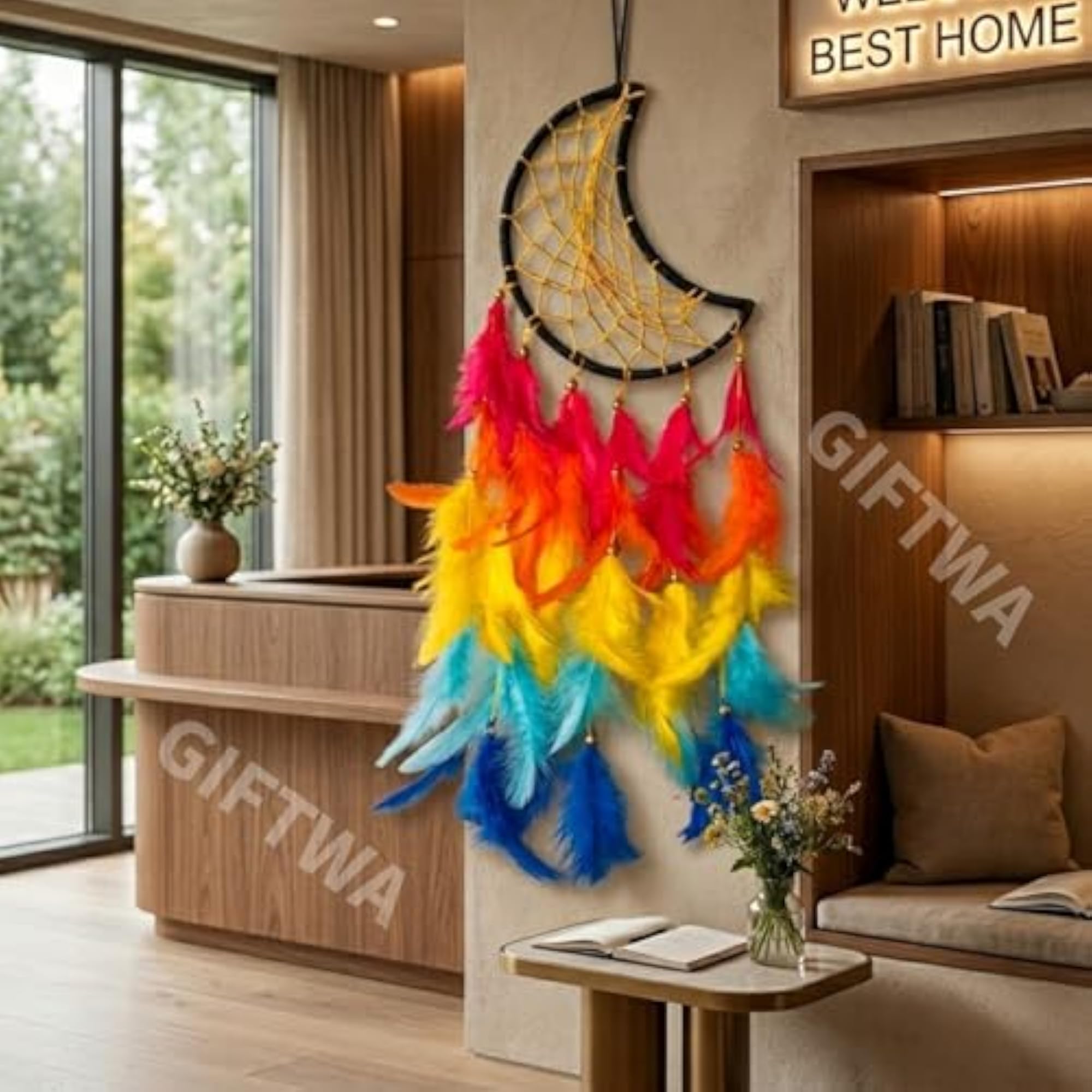 Moon Shape Multi Color Feather Dream Catcher