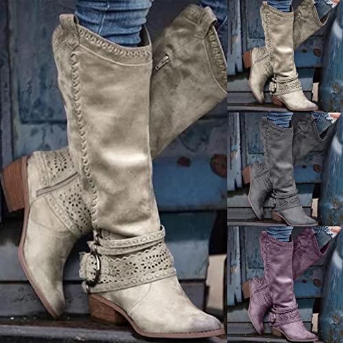 EIYEI Knee High Cowboy Boots for Women Pointed Toe Pull-on Embroidery Mid Calf Western Boots Bohemia Slouchy Long Tall Bootie Retro Hollow Bridal Wedding Cowgirl Boots with Side Zipper and Buckle2