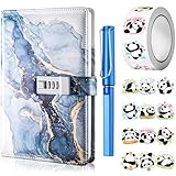 UNIANE Tagebuch mit Schloss für Mädchen,A5 Tagebuch mit Code,Das Notizbuch mit Stift und Lustige Aufkleber Set,PU Leder Notizbuch,Geburtstag Geschenk(Dunkelblau)