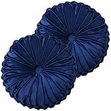 HIG Set of 2 Decorative Round Pleated Throw Pillows, Classy Accent Pumpkin Throw Pillows with Center Button, Vintage Velvet Floor Pillows for Sofa Couch Vanity Chair Bed, Navy, 14.5' Diameter(Ripple)