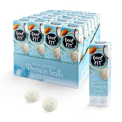 Feel FIT Zuckerfreie Kokos-Pralinen mit Mandeln á 27 g, Zuckerfreie Snack, Protein Balls mit Kokosraspeln