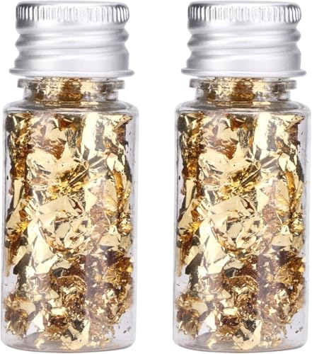 Tiiyee 2 Pcs Feuille d or Patisserie, Bouteilles Flocons Feuille Or 24K, Décoration Gâteau Professionnelle Cocktail Manucure Dorure pour DIY Peinture et Pâtisserie