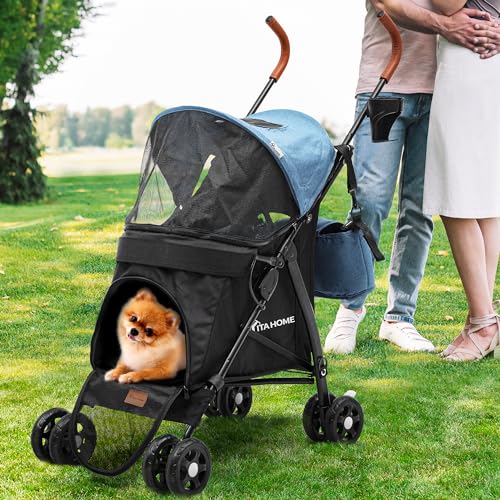 YITAHOME Hundewagen bis 11.3 kg, Tragbarer Hundebuggy, Faltbar klappbar, Haustiere Buggy mit Netzfenstern, Jogger Katzenbuggy für Hunde Katzen, Haustier-Kinderwagen (Blau Schwarz)